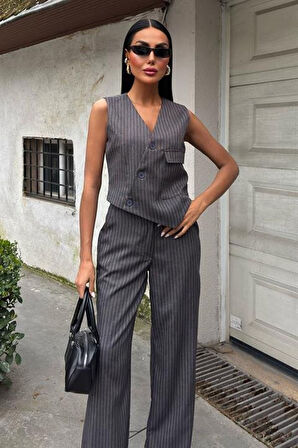 Yeleği Çapraz Detay Düğmeli Cepli Yelekli Takım 10150