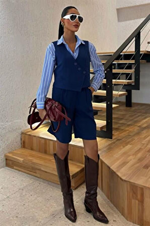 Çapraz Düğmeli Ve Bermuda Şortlu Yelekli Takım 10171