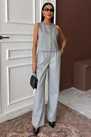 Yelek Plazzo Pantolon Çizgili Flamlı Poliviscon Takım 10178