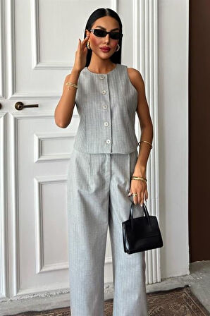 Yelek Plazzo Pantolon Çizgili Flamlı Poliviscon Takım 10178