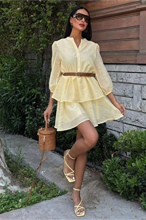 Deri Kemerli Fırfırlı Elbise 2901