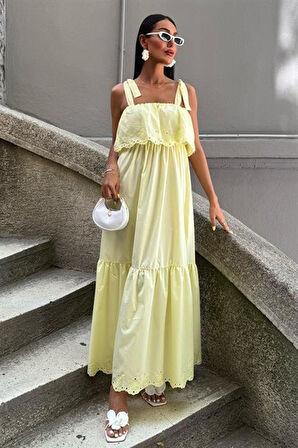 Etek Ucu Brode Nakışlı Boyundan Bağlamalı Elbise 2881