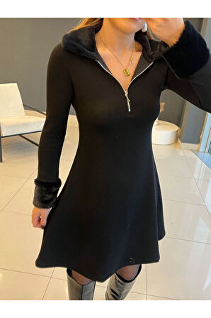 Kadın Uzun Kollu Yaka Ve Manşetleri Peluş Detay Fermuar Dekolteli Mini Elbise