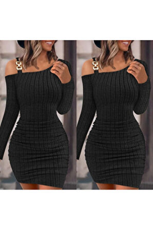 Kadın Uzun Kollu Tek Omuz Askı Detay Eteği Büzgülü şardonlu Kaşkorse Mini Elbise