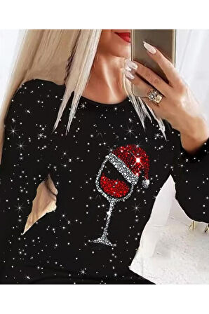 Kadın Uzun Kollu Taş Kadeh Baskı Mikro Mini Boy Elbise