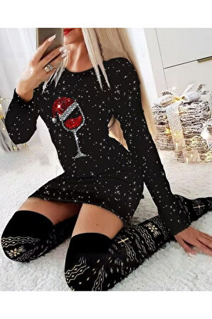 Kadın Uzun Kollu Taş Kadeh Baskı Mikro Mini Boy Elbise