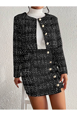 Kadın Uzun Kollu önü Düğmeli şanel Ceket Ve Etek Takım