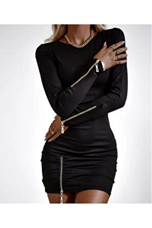 Kadın Bisiklet Yaka Fermuar Detay Fırsat ürün Büzgülü Mini Elbise