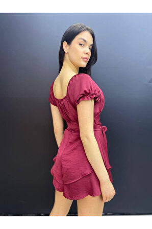 Kadın Kare Yaka Kuşak Detay Fırsat ürün Mini Elbise