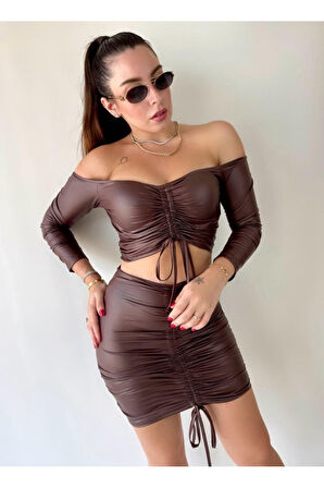 Kadın Büzgülü Deri Etek Takım Fırsat Ürün