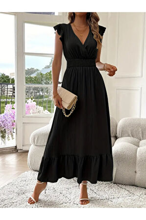 Kadın Kısa Kollu Kruvaze Yakalı Beli Lastikli Müslim Elbise