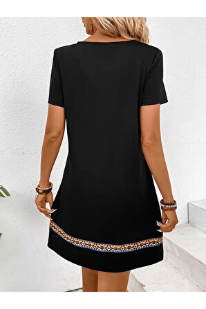 Kadın Kısa Kollu V Yakalı Etnik Desen şerit Detaylı Viskon Elbise