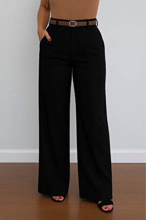 Kadın Yüksek Bel Geniş Paça Detaylı Cepli Ithal Krep Pantolon