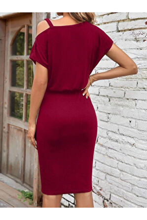 Kadın Kısa Kollu Tek Omuz Askı Ve Aksesuar Detay Beli Lastikli Krep Elbise