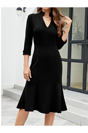 Kadın Fakir Kol V Yakalı Midi Ithal Krep Elbise
