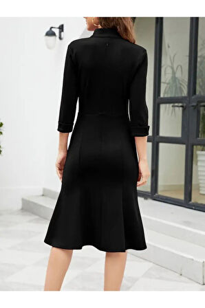 Kadın Fakir Kol V Yakalı Midi Ithal Krep Elbise