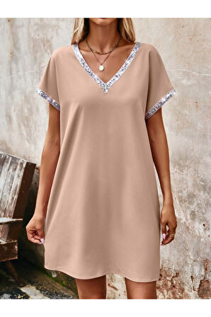 Kadın Yaka Ve Kol Pul Payet şeritli Ithal Krep Elbise