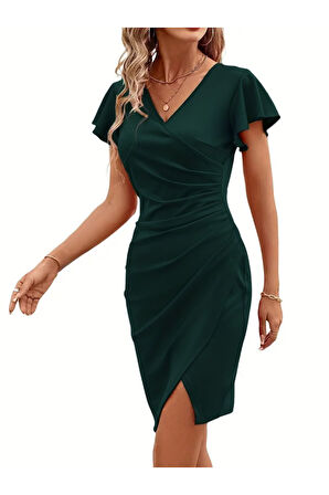 Kadın Kısa Kollu Volanlı Kruvaze Yaka Yanlardan Büzgülü Ithal Krep Elbise