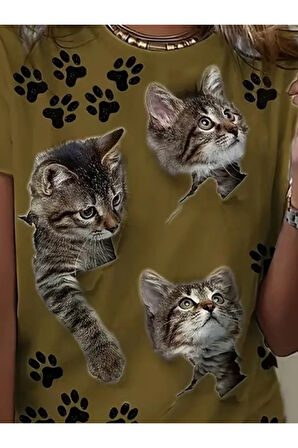 Kadın Kısa Kollu Kedi Ve Pati Baskılı Süprem T-shirt