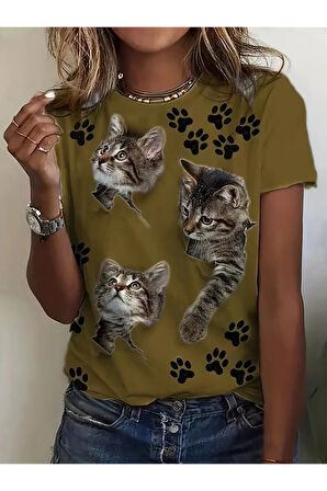 Kadın Kısa Kollu Kedi Ve Pati Baskılı Süprem T-shirt