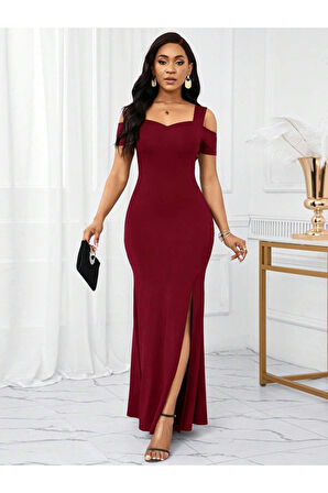 Kadın Omuzlardan Açık Askılı Yırtmaç Detaylı Uzun Ithal Krep Elbise