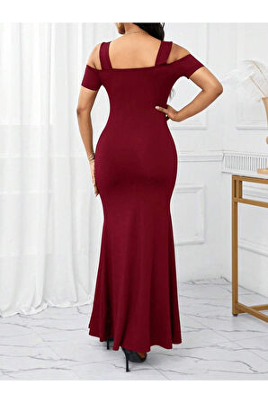 Kadın Omuzlardan Açık Askılı Yırtmaç Detaylı Uzun Ithal Krep Elbise