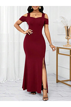Kadın Omuzlardan Açık Askılı Yırtmaç Detaylı Uzun Ithal Krep Elbise
