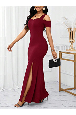 Kadın Omuzlardan Açık Askılı Yırtmaç Detaylı Uzun Ithal Krep Elbise