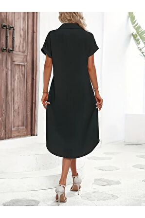 Kadın Kısa Kollu Yakalı Düğme Detay Midi Dokuma Elbise