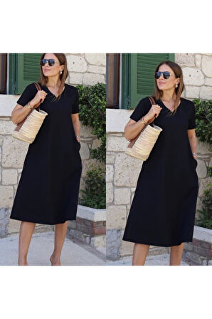 Kadın Kısa Kollu V Yaka Cepli A Kesim Detaylı Viskon Elbise