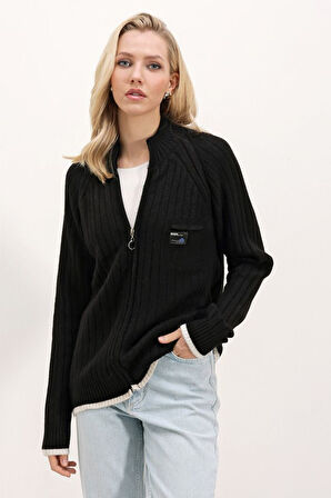 15863 Fermuarlı Triko Hırka - Siyah