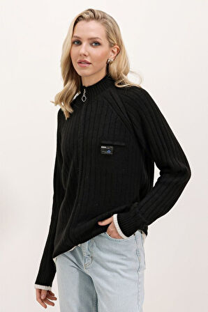 15863 Fermuarlı Triko Hırka - Siyah