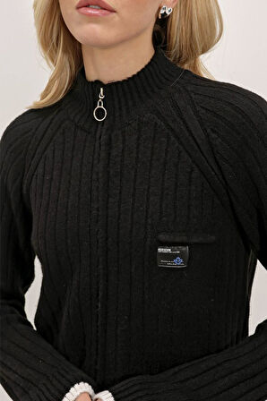 15863 Fermuarlı Triko Hırka - Siyah