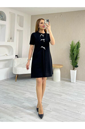 Kadın Kısa Kollu Bisiklet Yaka önden Fiyonk Detaylı Ithal Krep Elbise