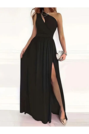 Kadın Omuzlardan Açık Asimetrik Yaka Detaylı Yırtmaçlı Maksi Boy Janjan Krep Elbise