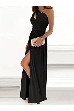 Kadın Omuzlardan Açık Asimetrik Yaka Detaylı Yırtmaçlı Maksi Boy Janjan Krep Elbise