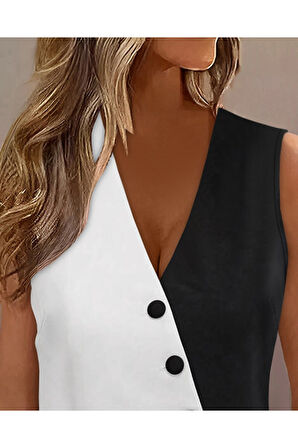 Kadın Sıfır Kol V Yakalı Düğmeli Blok Renkli Atlas Yelek