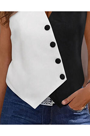 Kadın Sıfır Kol V Yakalı Düğmeli Blok Renkli Atlas Yelek