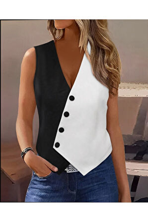 Kadın Sıfır Kol V Yakalı Düğmeli Blok Renkli Atlas Yelek