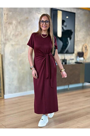 Kadın Kısa Kollu Bisiklet Yaka Yandan Bağlamalı Viskon Iki Iplik Elbise