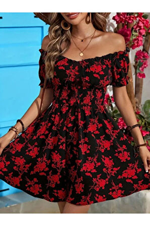 Kadın Kısa Kollu Madonna Yaka Beli Lastikli çiçek Desenli Kısa Süprem Elbise