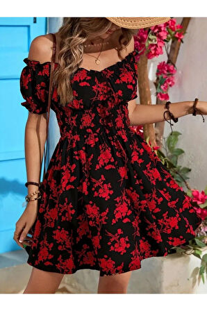 Kadın Kısa Kollu Madonna Yaka Beli Lastikli çiçek Desenli Kısa Süprem Elbise