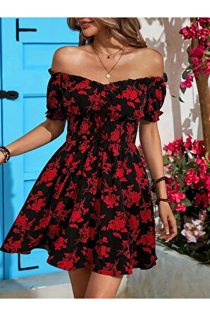 Kadın Kısa Kollu Madonna Yaka Beli Lastikli çiçek Desenli Kısa Süprem Elbise
