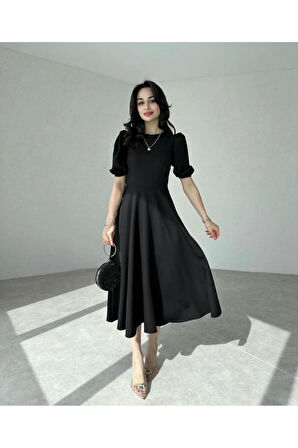 Kadın Kısa Balon Kollu Bisiklet Yaka Geniş Kesim Janjan Krep Elbise