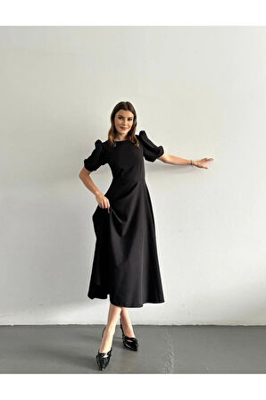 Kadın Kısa Balon Kollu Bisiklet Yaka Geniş Kesim Janjan Krep Elbise