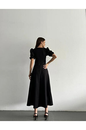 Kadın Kısa Balon Kollu Bisiklet Yaka Geniş Kesim Janjan Krep Elbise