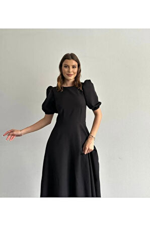Kadın Kısa Balon Kollu Bisiklet Yaka Geniş Kesim Janjan Krep Elbise