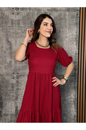 Kadın Kısa Kollu Yakası Açık Katlı Bürümcük Balon Elbise