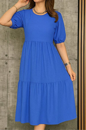 Kadın Kısa Kollu Yakası Açık Katlı Bürümcük Balon Elbise