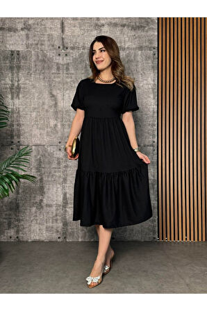 Kadın Kısa Kollu Yakası Açık Katlı Bürümcük Balon Elbise